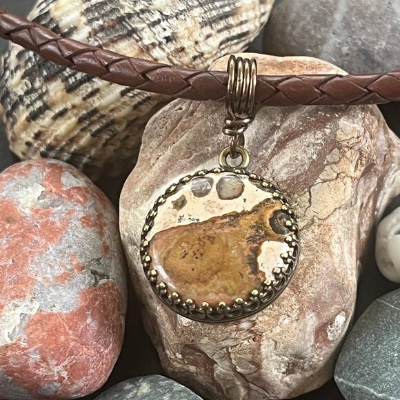 Handmade Jewelry - Braided Leather Necklace, Picture Jasper Pendant, Womens Mens Layering Necklace